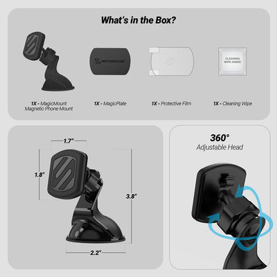 What's in the box? 1X MagicMount Magnetic Phone Mount  1X MagicPlate  1X Protective Film  1X Cleaning wipe. Head measures 1.7 x 1.8". Base is 2.2" diameter and 3.8" tall. 360 degree adjustable head"