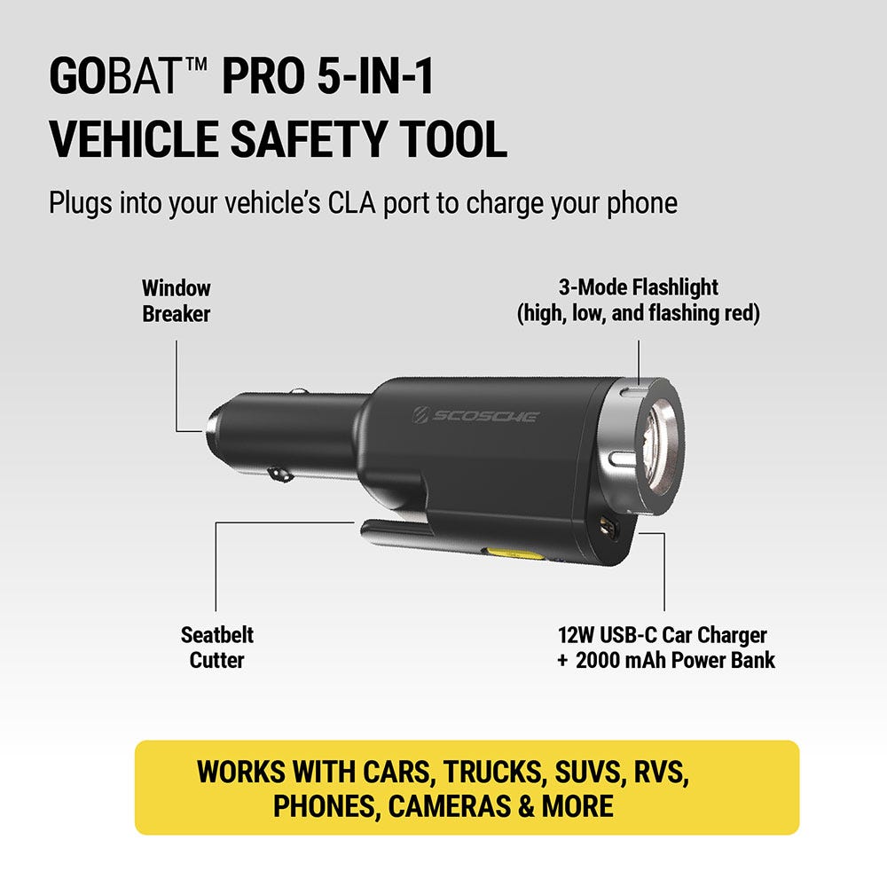 GoBat Pro 5-in-1 Vehicle Safety Tool. Plugs into you vehicle's CLA port to charge your phone. Features window breaker  3-mode flashlight (high  low flashing red)  Seatbelt cutter  12W USB-C car charger + 2000 mAh power bank. Works with cars trucks  S?UVs