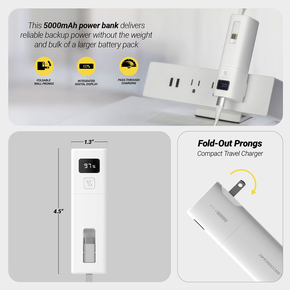 The 5000mAh power bank delivers reliable backup power without the weight and bulk of a larger battery pack. Foldable wall prongs. Integrated digital display. Pass through charging. Measures  1.3 x 4.5""