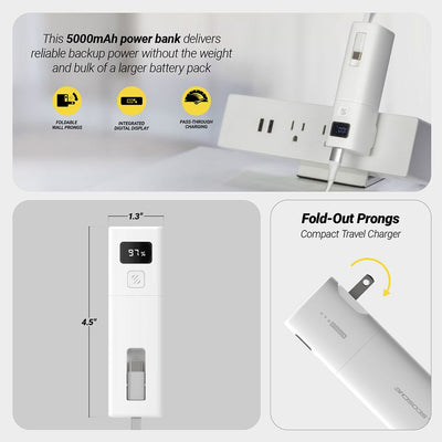 The 5000mAh power bank delivers reliable backup power without the weight and bulk of a larger battery pack. Foldable wall prongs. Integrated digital display. Pass through charging. Measures  1.3 x 4.5""