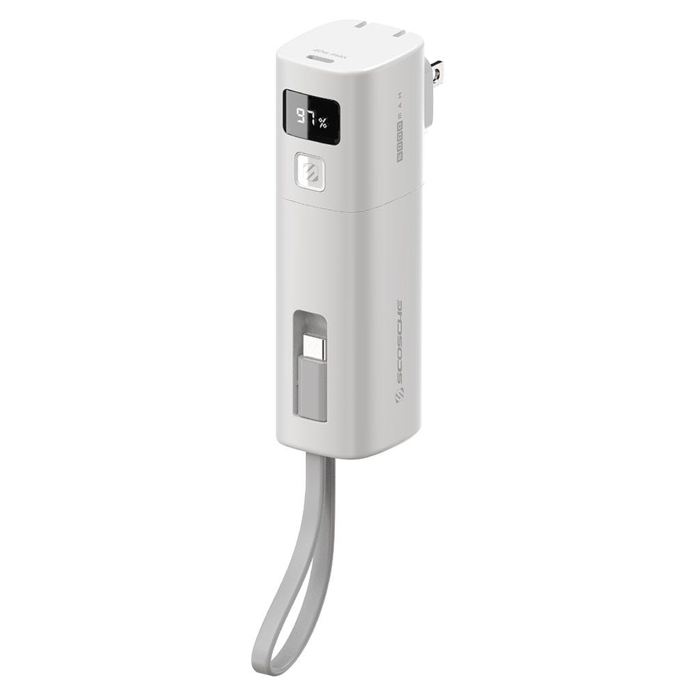 40W Charger with 5K Portable Power Bank & Captive USB-C Cable  White