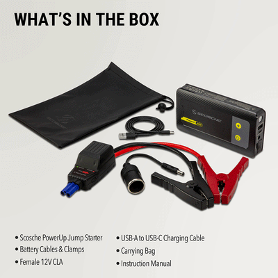 What's in the box: Scosche PowerUp Jump Starter  battery cables & clamps  female 12V CLA  USAB-A to USB-C charging cable  carrying bag  instruction manual
