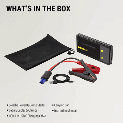 What's in the box: Scosche PowerUp jumper starter  battery cables & clamps  USB-A to USB-C charging cable  carrying bag  instruction manual