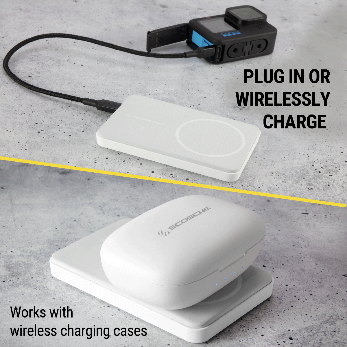 Plug in or wirelessly charge. Works with wireless charging cases.