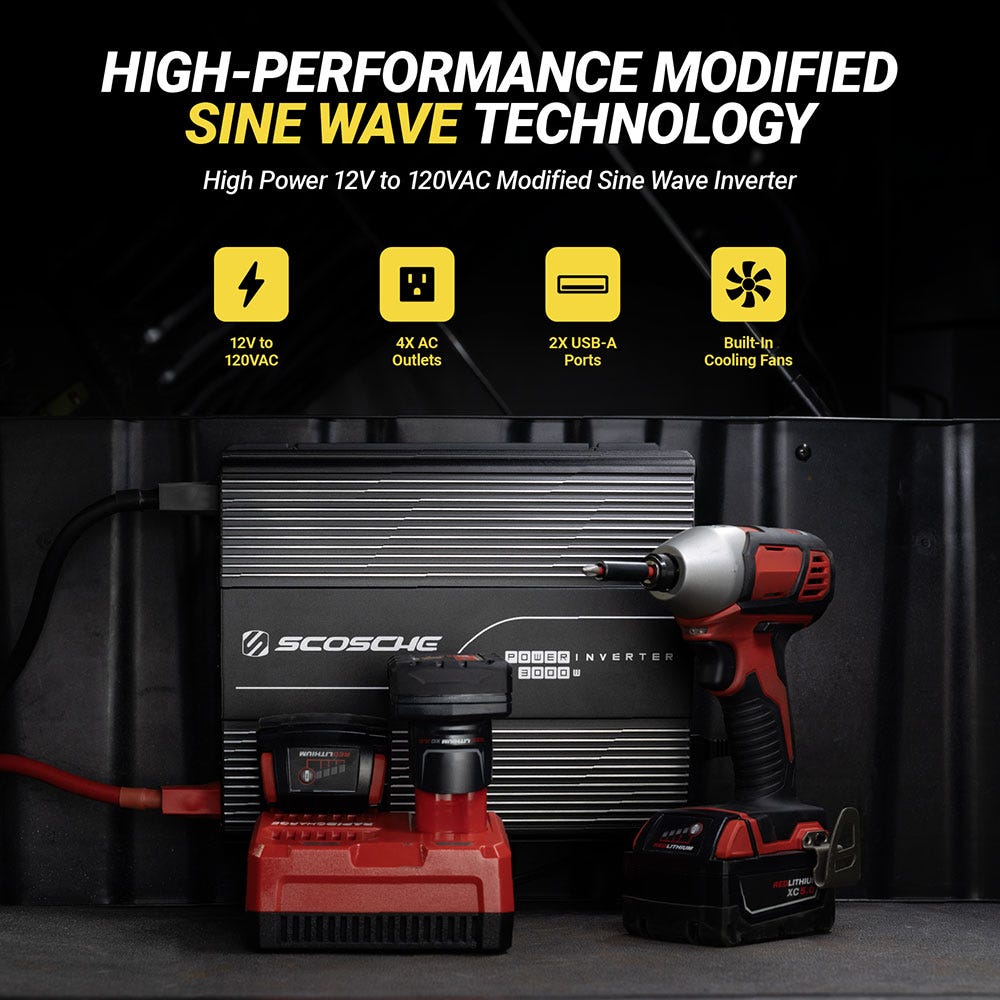 High performance modified sine wave technology. High power 12V to 120VAC modified sine wave inverter. 12V to 220 VAC  4 AC outlets  2 USB-A ports  Built in cooling fans