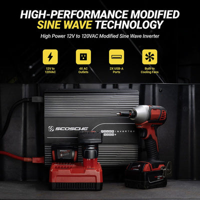 High performance modified sine wave technology. High power 12V to 120VAC modified sine wave inverter. 12V to 220 VAC  4 AC outlets  2 USB-A ports  Built in cooling fans