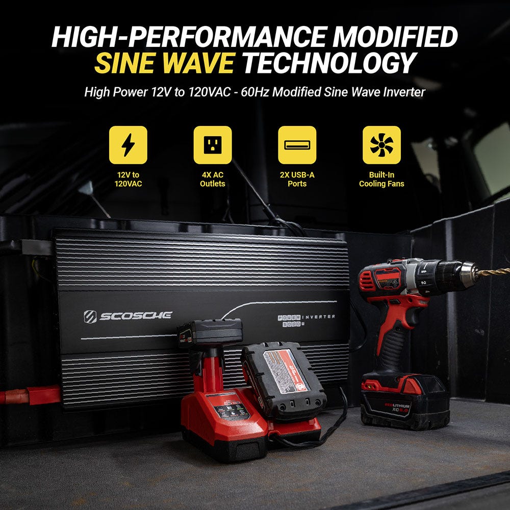 High performance modified sine wave technology. High power 12V to 120VAC 60Hz modified sine wave inverter. 12V to 220 VAC  4 AC outlets  2 USB-A ports  Built in cooling fans