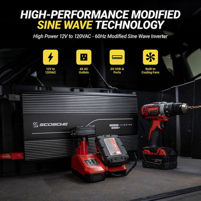 High performance modified sine wave technology. High power 12V to 120VAC 60Hz modified sine wave inverter. 12V to 220 VAC  4 AC outlets  2 USB-A ports  Built in cooling fans