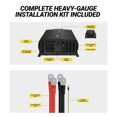 Complete heavy-gauge installation kit included. USB-A ports (2)  120V Standard AC outlet (4)  Input (battery)voltage  output wattage  High-speed cooling fans  power light  power switch  grounded battery lead  pre-terminated power  chassis ground lead