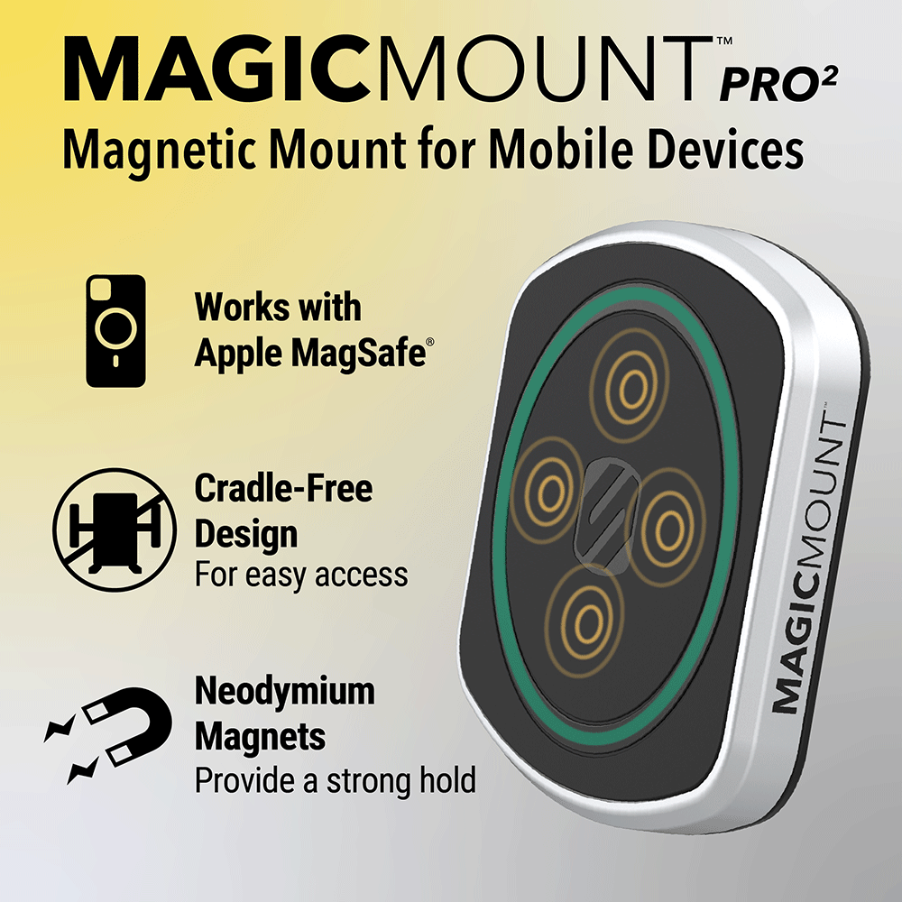 MagicMount Pro2 - Magnetic mount for mobile devices. Works with Apple MagSafe. Cradle-free design for easy access. Neodymium magnets provide a strong hold.