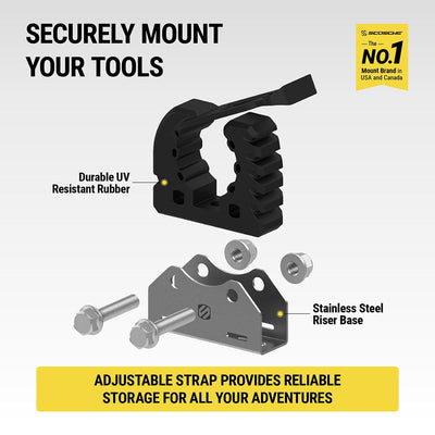 Securely mounts your tools. Durable US resistant rubber. Stainless steel riser base. Adjustable strap provides reliable storage for all your adventures. Scosche is the No. 1 mount brand in USA and Canada