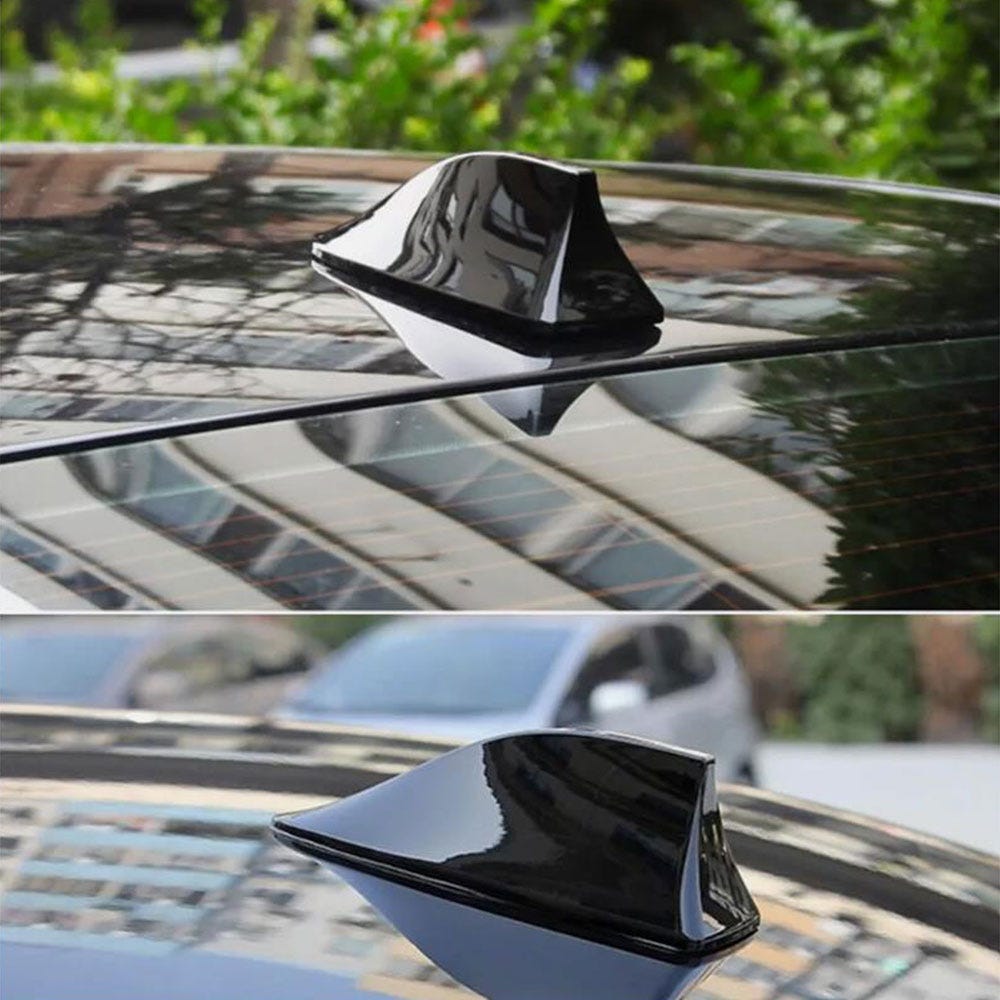 split image of Universal Roof-Top Shark Fin Antenna on car roof