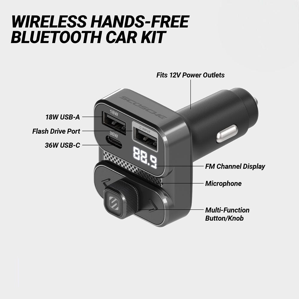 WIRELESS HANDS-FREE BLUETOOTH CAR KIT. Fits 12V Power Outlets. 18W USB-A. Flash Drive Port. 36W USB-C. FM Channel Display. Microphone. Multi-Function Button/Knob.