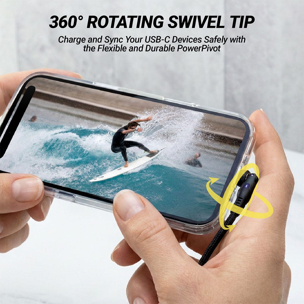 360 Degree Rotating Swivel Tip. Charge and Sync Your USB-C Devices Safely with the Flexible and Durable PowerPivot.