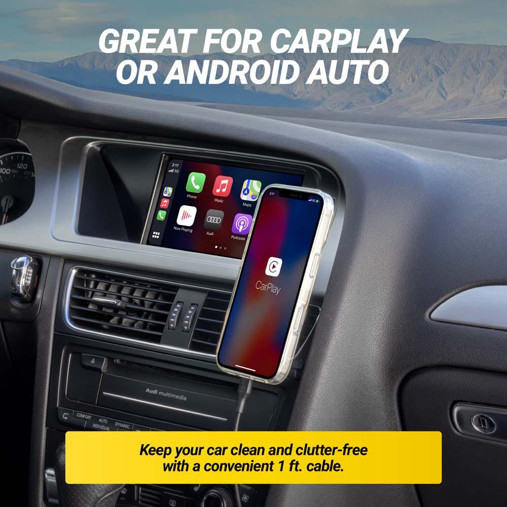 Great for CarPlay or Android auto. Keep your car clean and clutter-free with a convenient 1 ft. cable