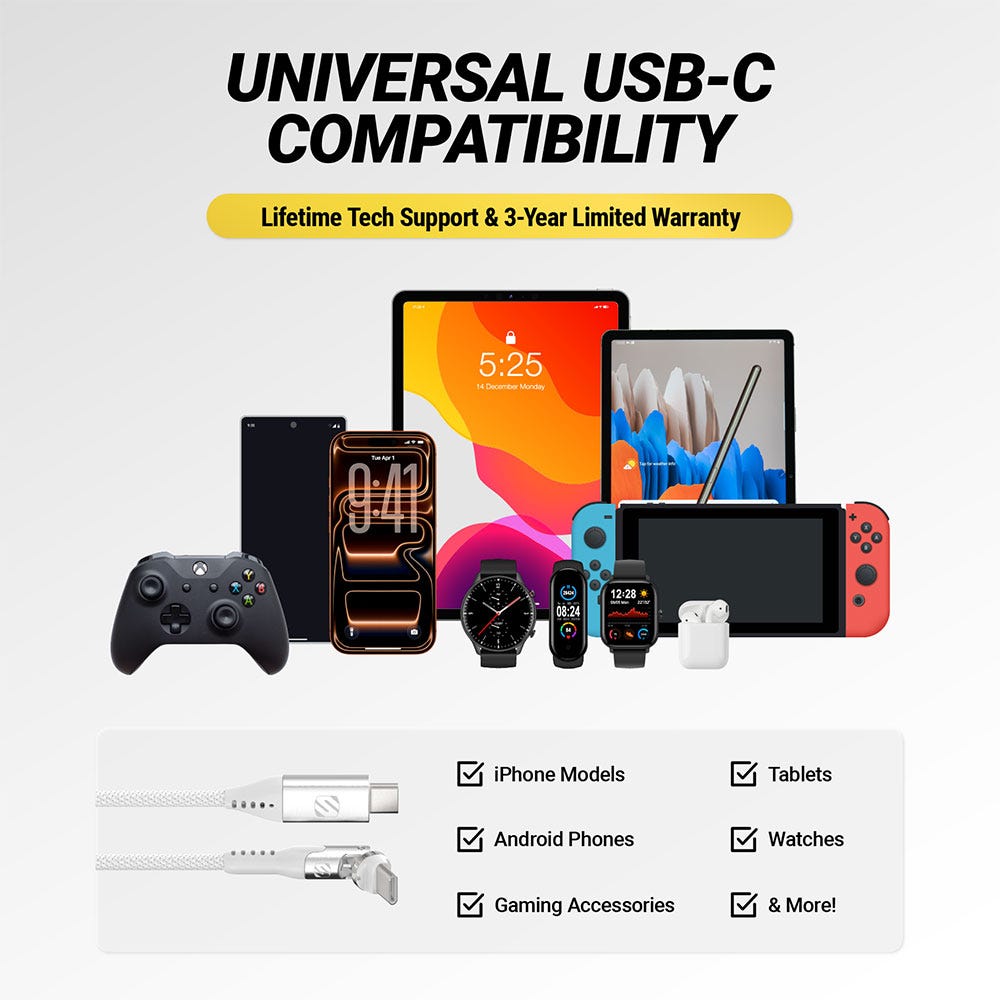 Universal USB-C Compatibility. Lifetime tech support and 3 year limited warranty. iPhone models  Android phones  gaming accessories  tablets  watches and more