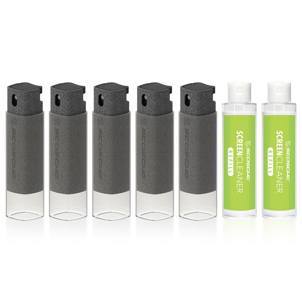 2-in-1 Screen Cleaning Portable Mister with Microfiber Bottle Wiper (5-Pack with 2 Bonus Refills)