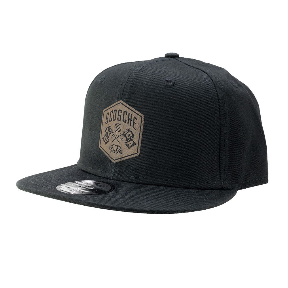 side view Embroidered Synthetic Leather Scosche Bear Logo Hat