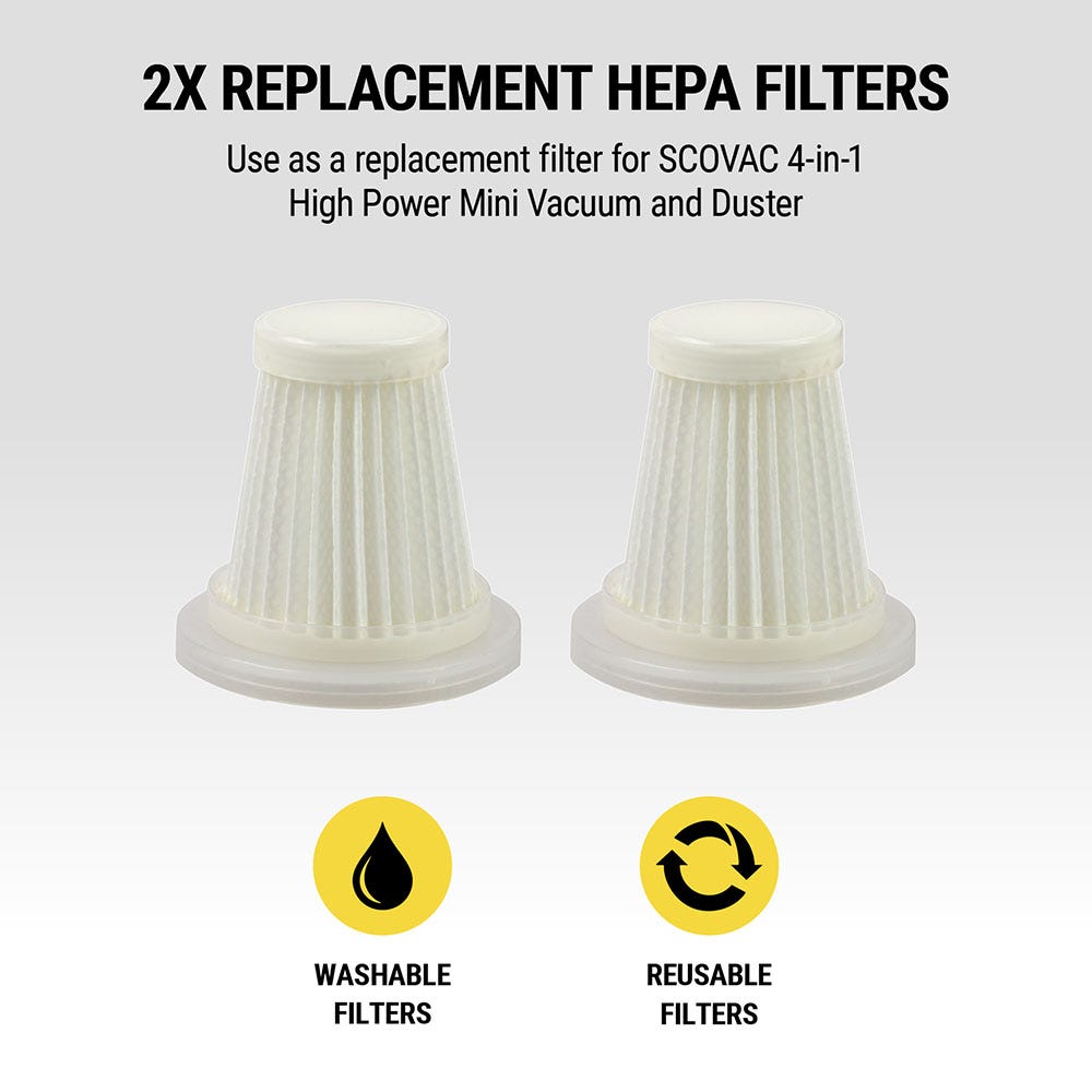 2X Replacement HEPA filters. Use as a replacement filter for SCOVAC 4-in-1 High Power Mini Vacuum and Duster. Washable filters. Reusable filters.