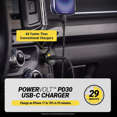 6X faster than conventional chargers. PowerVolt™ PD30 USB-C Charger. Charge an iPhone 17 to 70% in 29 minutes.  Charging rates and times depend upon the device and cable used.