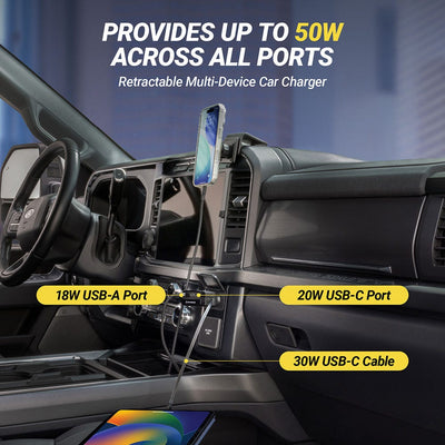 Provides Up to 50W Across All Ports. Retractable Multi-Device Car Charger. 18W USB-A Port  20W USB-C Port  30W USB-C Cable