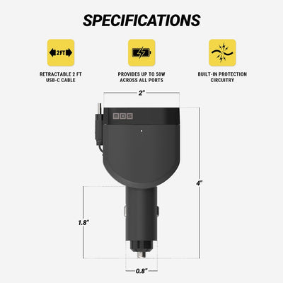 Specifications. Retractable 2 FT USB-C Cable. Provides Up to 50W Across All Ports. Built-in Protection Circuitry. Measures 2 x 4". Input is 1.8" x .8""