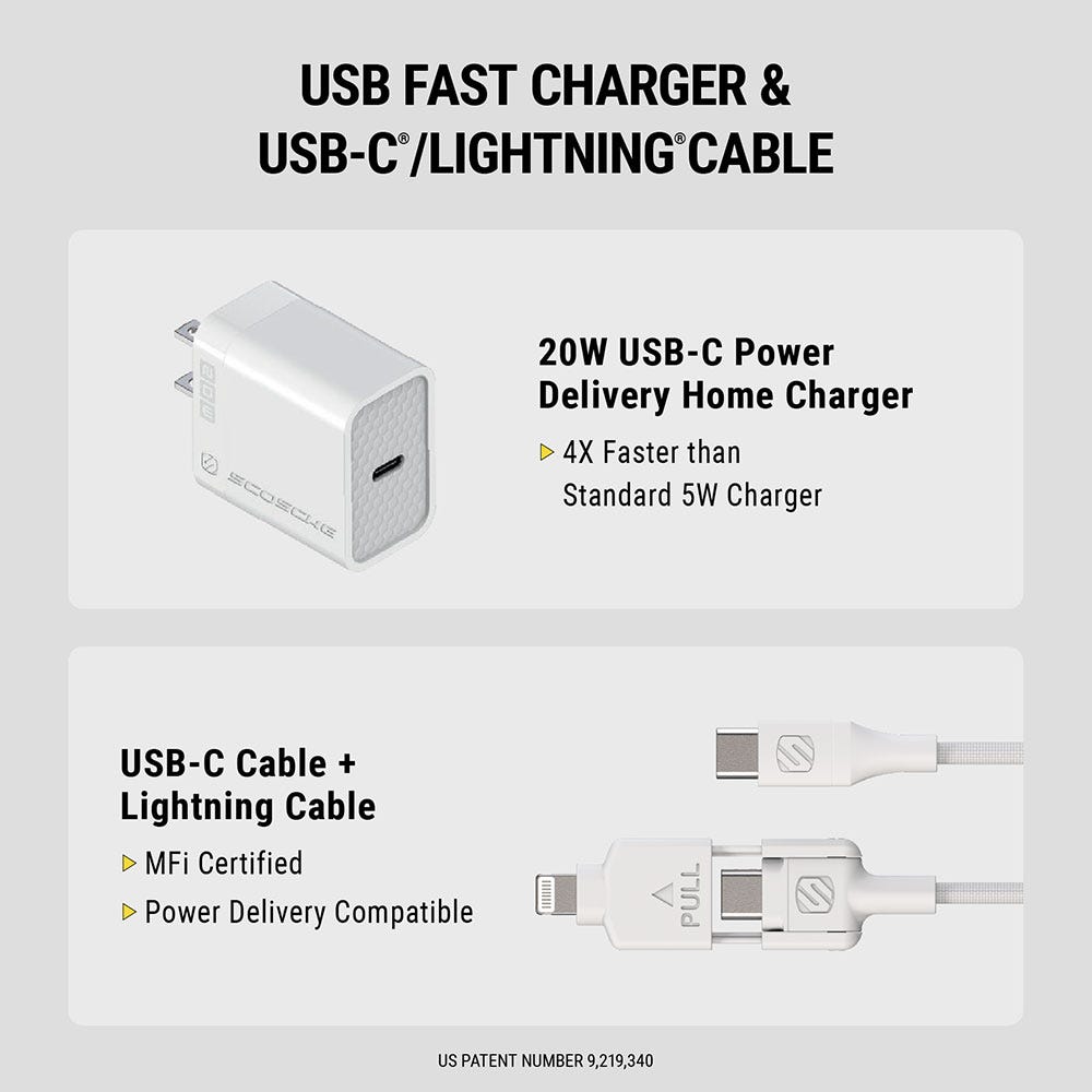 USB Fast charger and USB-C/Lightning Cable. 20W USB-C Power Delivery Home Charger is 4X faster than standard 5W charger. USB-C Cable and Lightning Cable  is MFi Certified and Power Delivery compatible