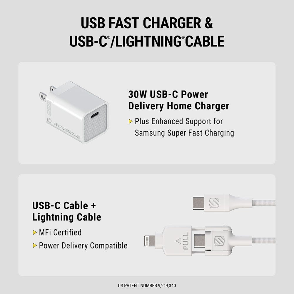 USB Fast charger and USB-C/Lightning Cable. 30W USB-C Power Delivery Home Charger plus enhanced support for Samsung Super Fast Charging. USB-C Cable and Lightning Cable  is MFi Certified and Power Delivery compatible