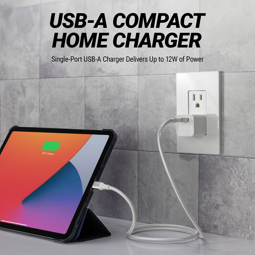 USB-A compact home charger. Single port USB-A charger delivers up to 12W of power.