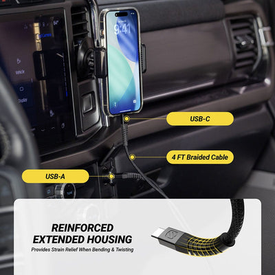 USB-C cable. USB-A port. 4 foot braided cable. Reinforced extended housing provides strain relief when bending and twisting.