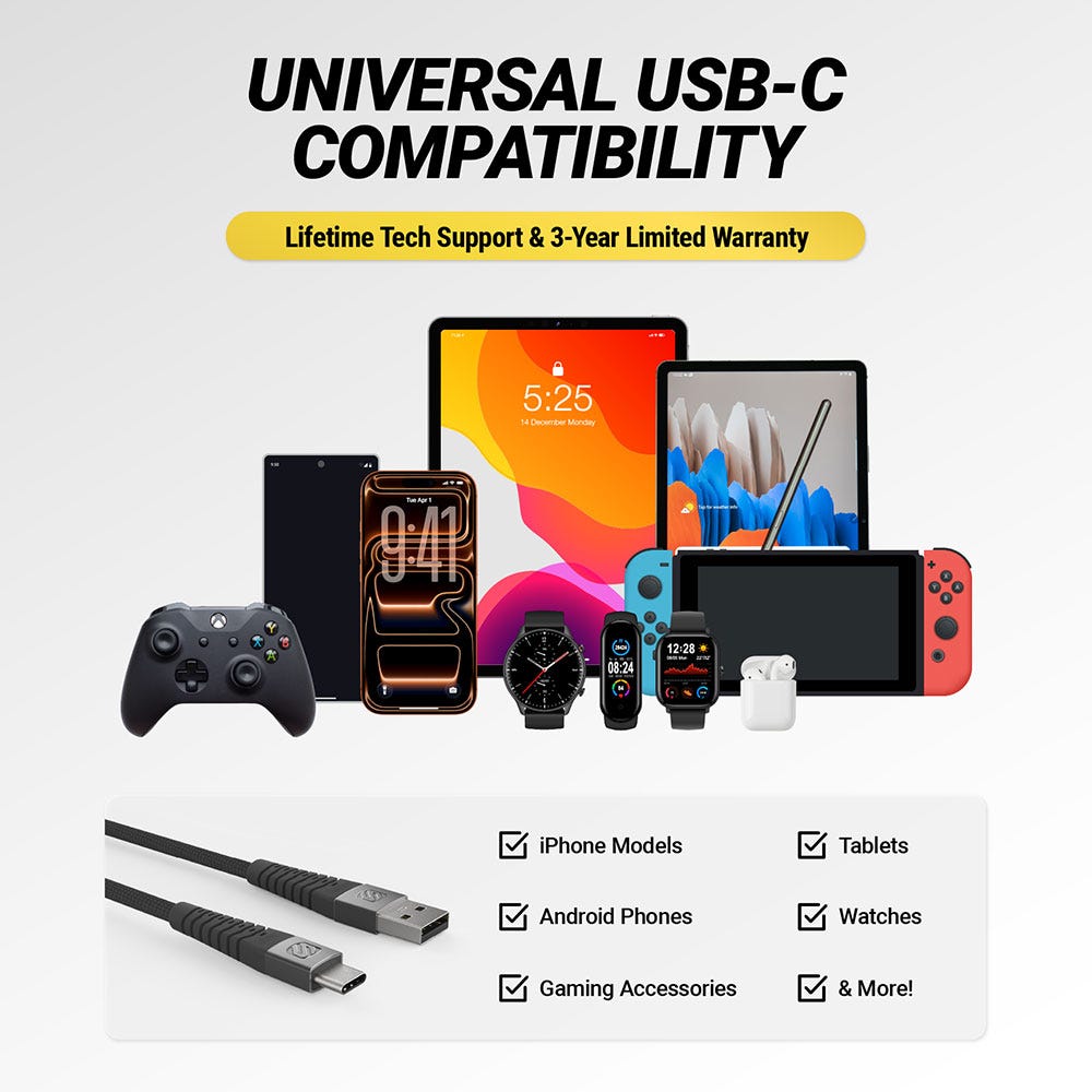 Universal USB-C compatibility. Lifetime tech support and 3 year limited warranty. iPhone models  Android phones  gaming accessories  tablets  watches and more