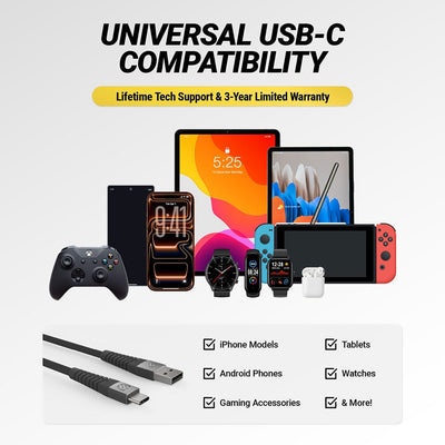 Universal USB-C compatibility. Lifetime tech support and 3 year limited warranty. iPhone models  Android phones  gaming accessories  tablets  watches and more