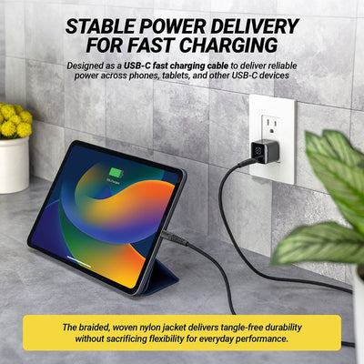 Stable Power Delivery for fast charging. Designed as a USB-C fast charging cable to deliver reliable power across phones  tablets  and other USB-C devices. The braided  woven nylon jacket delivers tangle-free durability without sacrificing flexibility fo