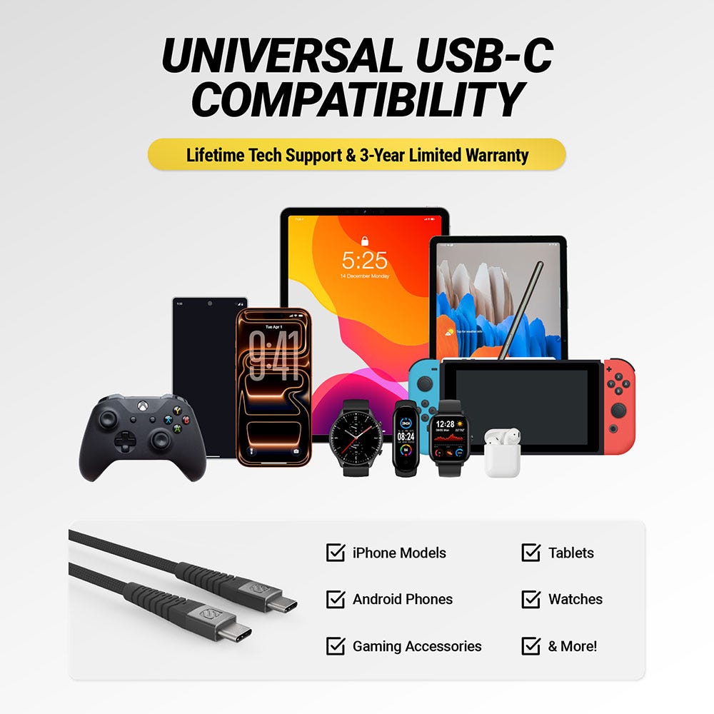 Universal USB-C compatibility. Lifetime tech support and 3 year limited warranty. iPhone models  Android phones  gaming accessories  tablets  watches and more