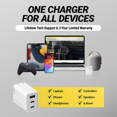 One charger for all devices. Lifetime tech support and 3 year warranty. Laptops. phones  controllers  speakers  headphones  and more