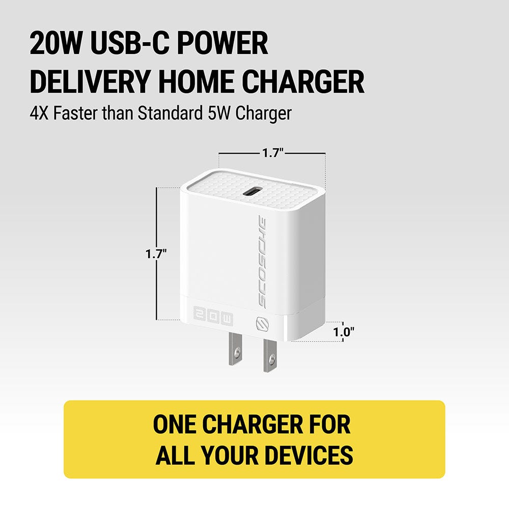 20W USB-C Power Delivery Home Charger 4X faster than standard 5W charger. One charger for all your devices.  Measures 1.7 x 1.7" x 1.0"."