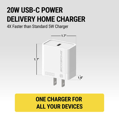 20W USB-C Power Delivery Home Charger 4X faster than standard 5W charger. One charger for all your devices.  Measures 1.7 x 1.7" x 1.0"."