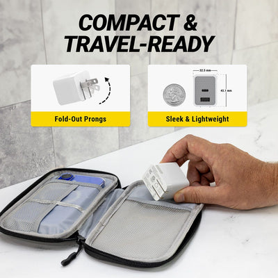 Compact and travel-ready. Fold out prongs. Sleek and lightweight. Measuring 32.3mm by 43.1 mm.