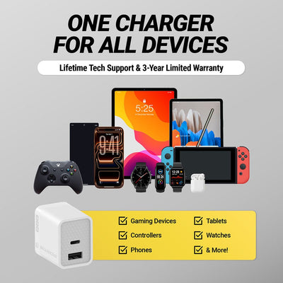 One charger for al devices Lifetime Tech support and 3-Year limited warranty. Gaming devices  controllers  phones  tablets  watches and more.
