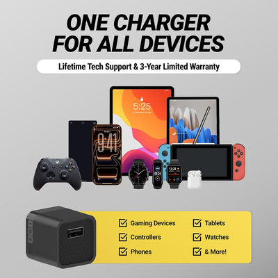 One charger for all devices. Lifetime tech support and 3 year limited warranty. Gaming devices  controllers  phones  tablets  watches and more
