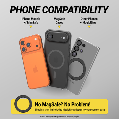 Phone Compatibility - iPhone Models w/MagSafe  MagSafe Cases  OtherPhones and MagicRing. No MagSafe? No Problem! Simply attach the included MagicRing adapter to your phone or case. iPhone 16e requires a MagSafe case or MagicRing adapter.