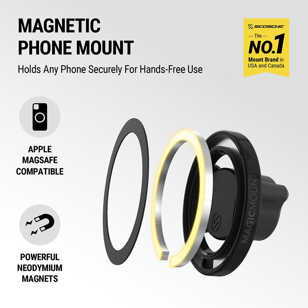 Magnetic phone mount holds any phone securely for hands-free use. Apple MagSafe compatible. Powerful Neodymium magnets.