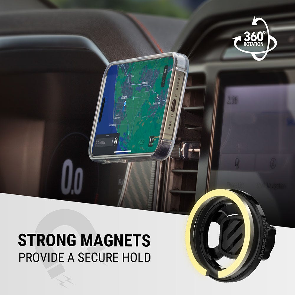 360 degree rotation. Strong magnets provide a secure hold.