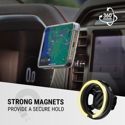 360 degree rotation. Strong magnets provide a secure hold.