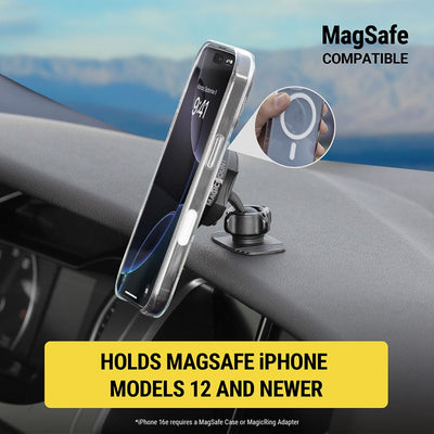 MagSafe compatible. Holds MagSafe iPhone models 12 and newer. iPhone 16e requires a MagSafe case or MagicRing adapter.