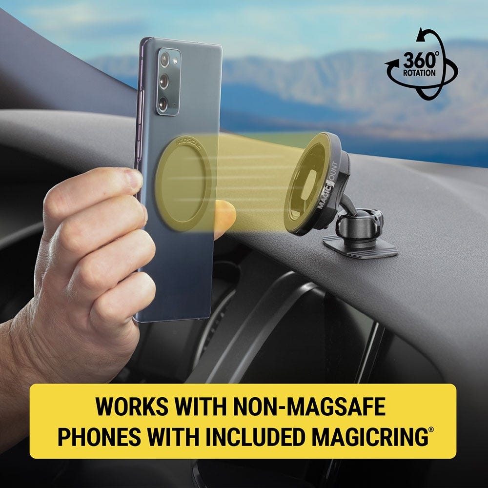 360 degree rotation. Works with non-MagSafe phones with included MagicRing
