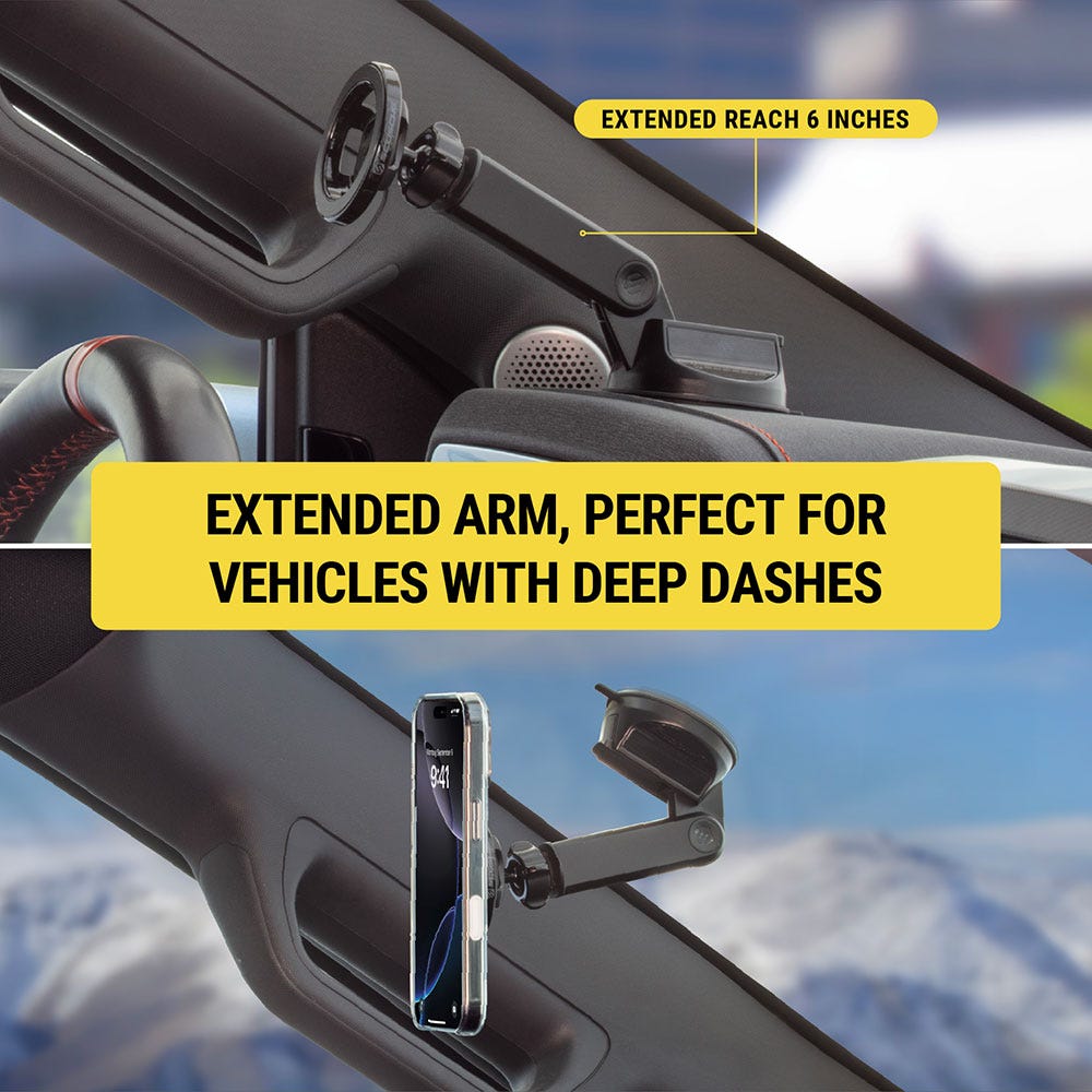 Extended reach 6 inches. Extended arm  perfect for vehicles with deep dashes