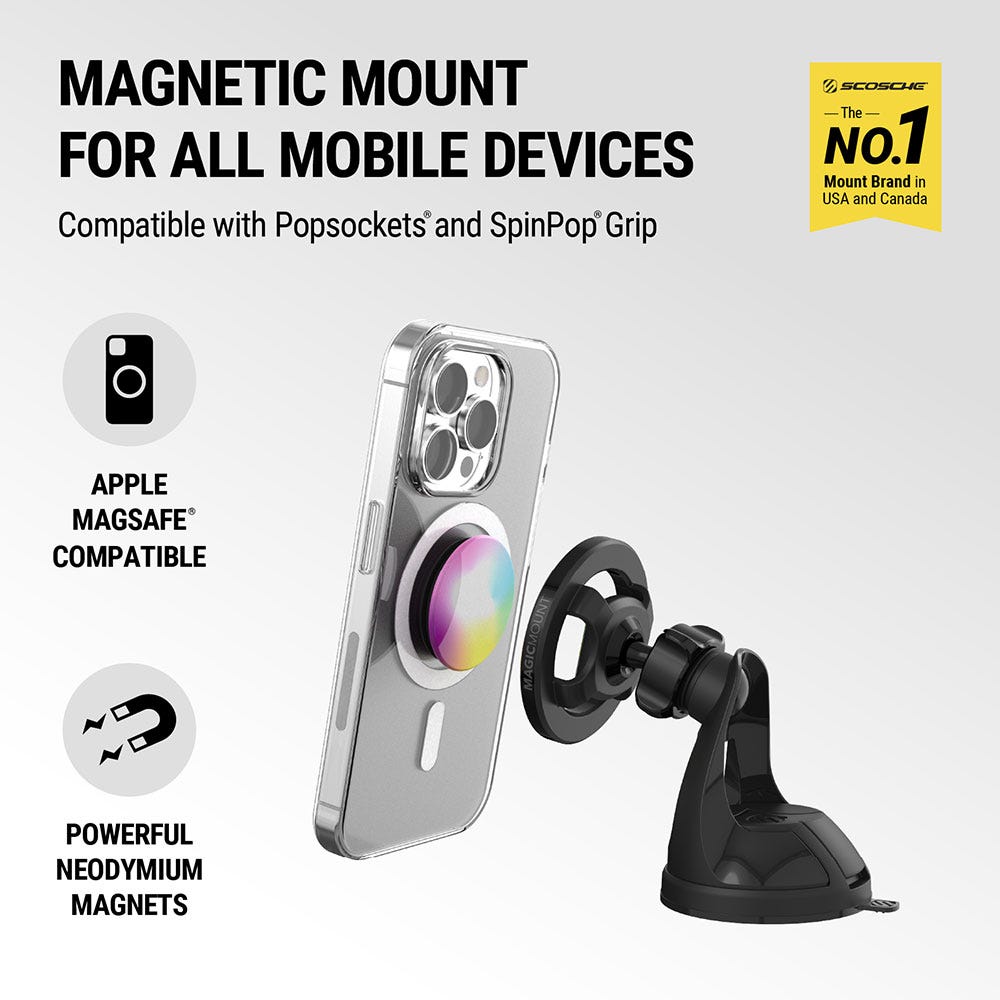 Magnetic Mount for all mobile devices. Compatible with PopSockets and SpinPop Grip. Apple MagSafe compatible. Powerful Neodymium magnets. Scosche is the No. 1 mount brand in USA and Canada