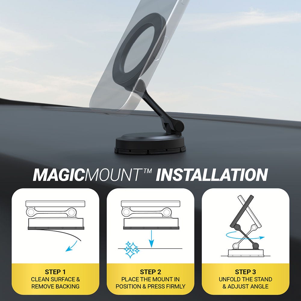MagicMount Installation - Step 1: Clean surface and remove backing. Step 2: Place the mount in position and press firmly Step 3: Unfold the stand and adjust angle.