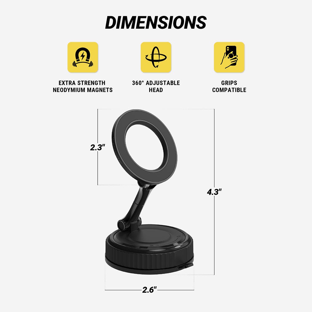 EXTRA STRENGTH NEODYMIUM MAGNETS. 360° ADJUSTABLE HEAD. GRIPS COMPATIBLE. Measures 4.3 x 2.6" and 2.3" diam "